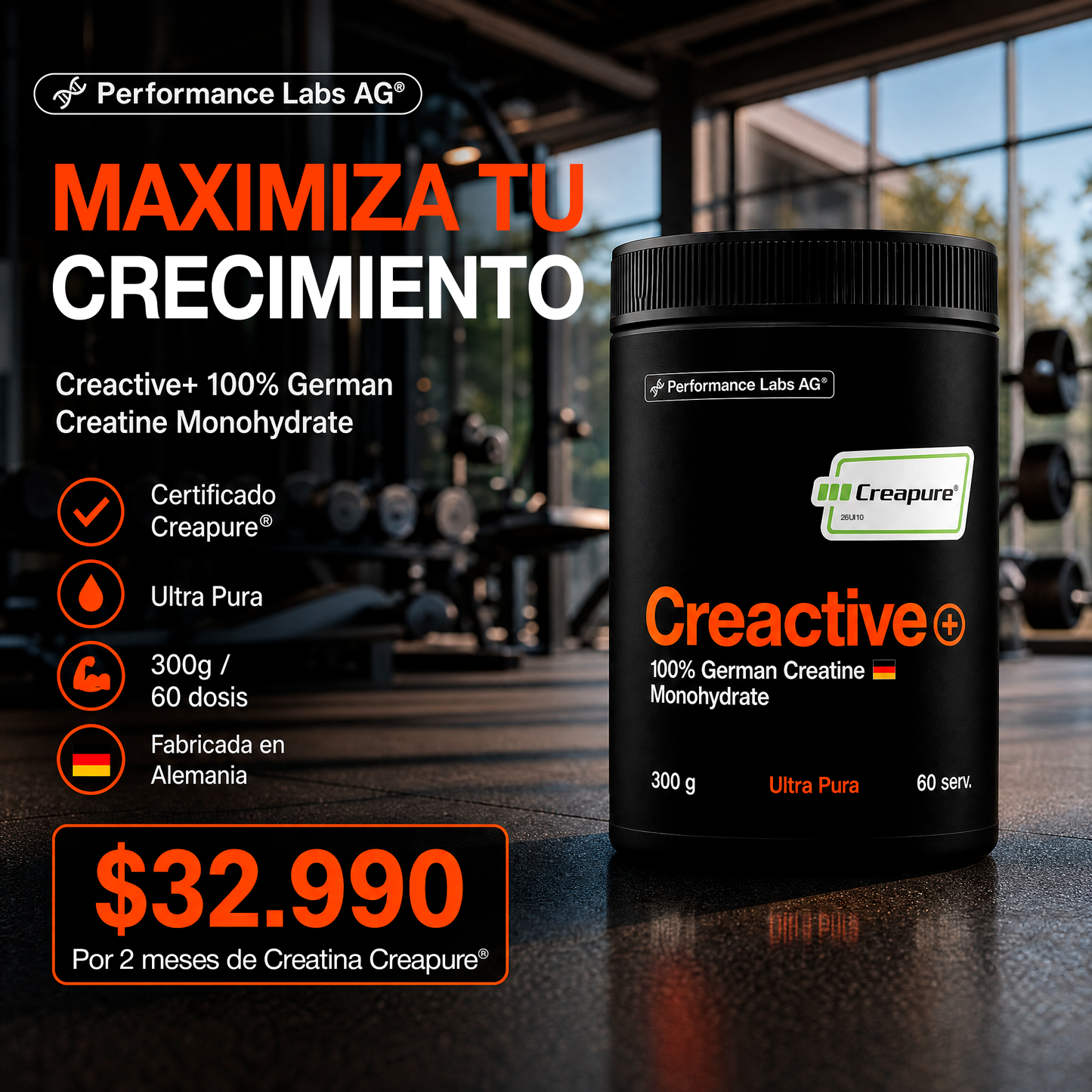 1 Envase = 2 Meses de Creatina Creapure® 🇩🇪